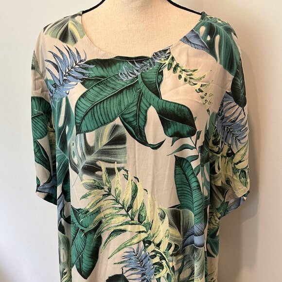 Beyond Capri Jungle Leaf Green and Cream Print Maxi Dress Linen Cotton Blend XXL - Picture 8 of 9